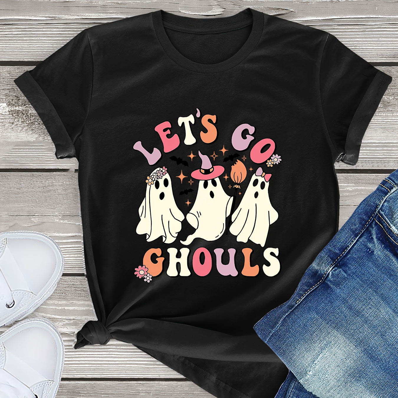

Let's Go Ghouls & Ghost Outfit Print T-shirt, Casual Short Sleeve Top For Spring & Summer, Women's Clothing