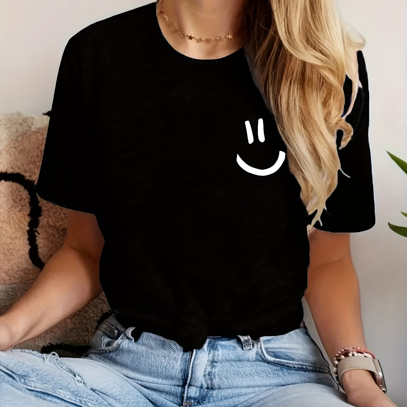 

1pc, Women's Casual T-shirt, Smile Graphic Relaxed Fit, Sporty Lounge Top, Fashion, Versatile Round Neck Tee
