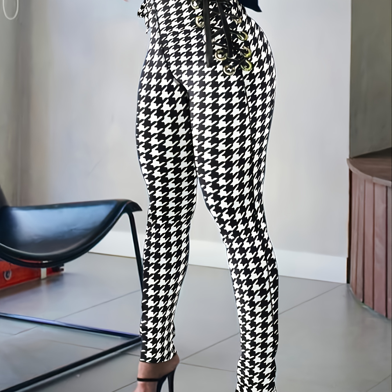 

Houndstooth Print High Waist Pants, Casual Skinny Slim Fit With Bow Design Pants For Every Day, Women's Clothing