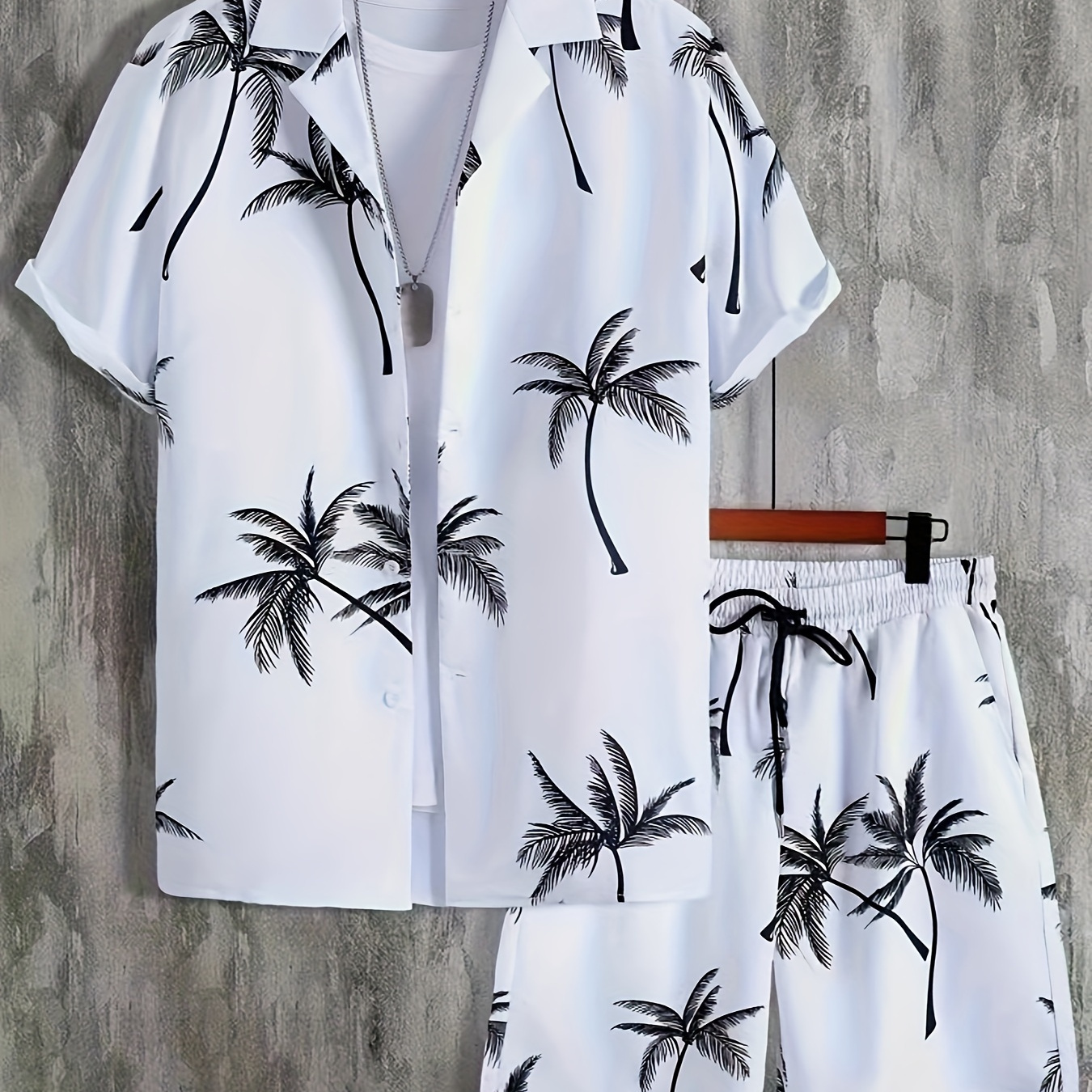 

2-piece Coconut Tree Print Men's Summer Leisure Outfit Set, Men's Short Sleeve Hawaiian Shirt & Drawstring Shorts With Pockets