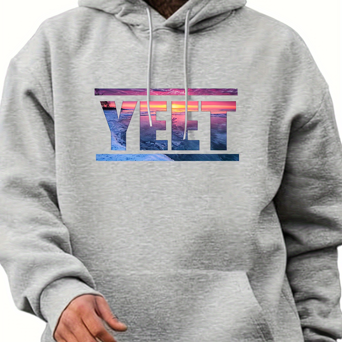 

Sunset Sky And Yeet Letters Fusion Print, Men' Casual Hoodie With Drawstring And Kangaroo , Comfy Long Sleeves Pullover Hoodie, Autumn And Winter Top For Men