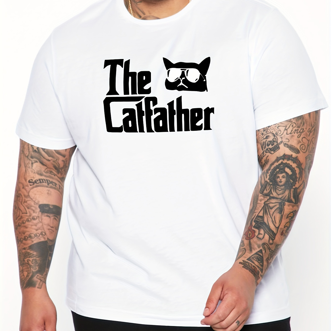 

Plus Size Men's Trendy Letter Cat Father Print T-shirt, Casual Fashion Tee, Street Style Short Sleeve Crew Neck Shirt