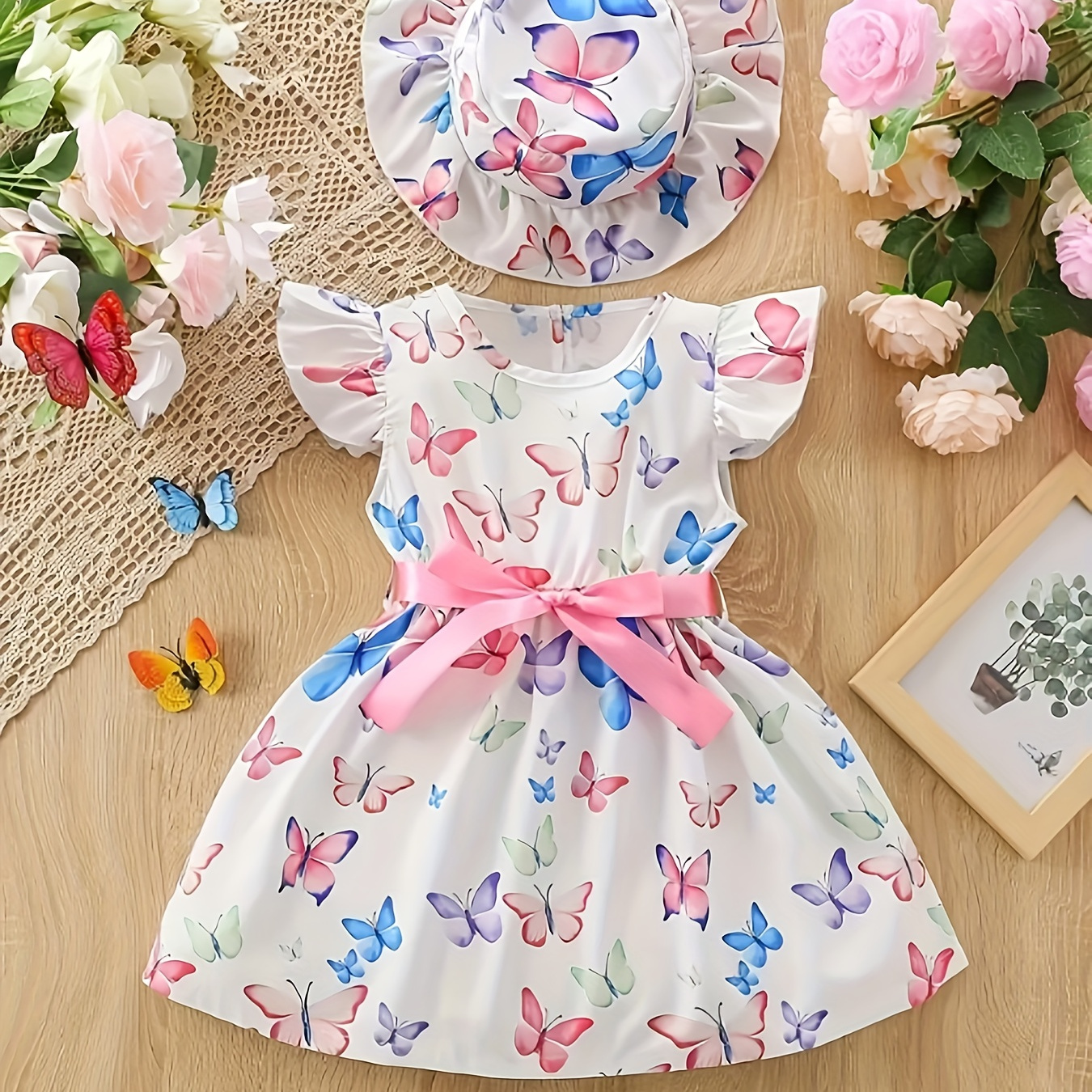 

Butterfly Print Girls 2pcs Ruffle Sleeve Cute Dress + Matching Hat - Perfect For Summer Party & Gifts