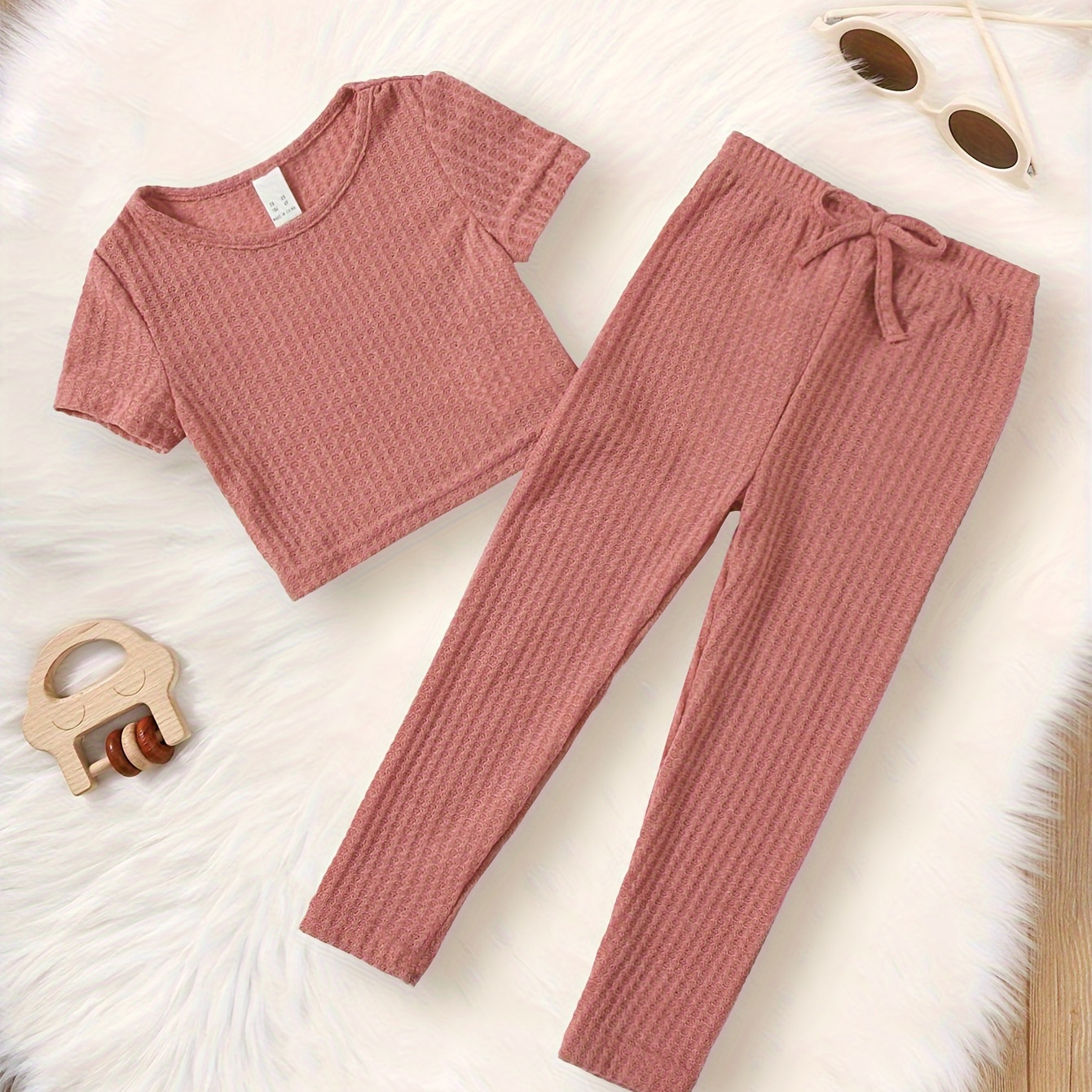

Breathable Ribbed 2pcs For Girls, Short Sleeve T-shirt + Pants Set, Street Summer Outfit