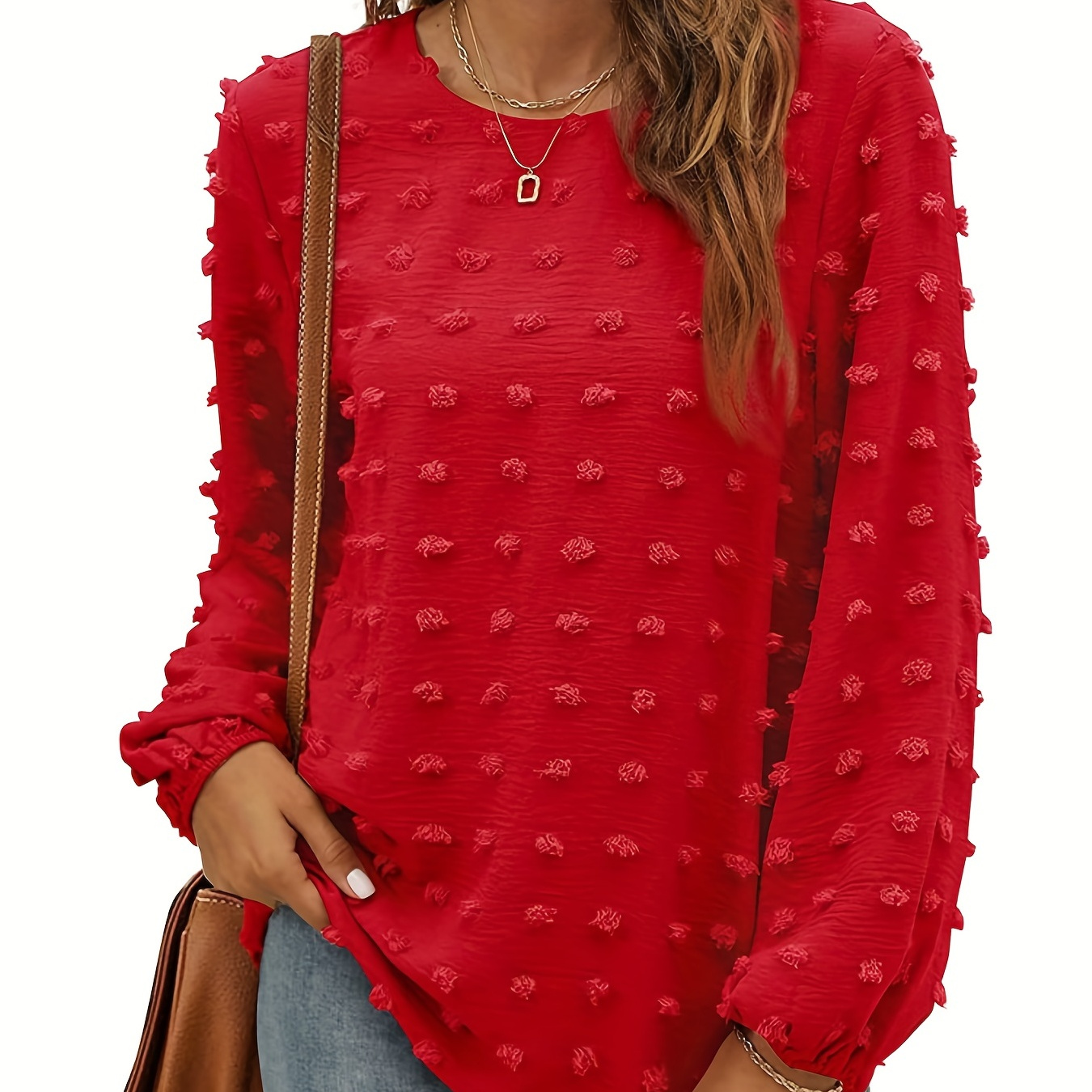 

Swiss Dot Crew Neck Blouse, Casual Long Sleeve Blouse For Spring & Fall, Women's Clothing