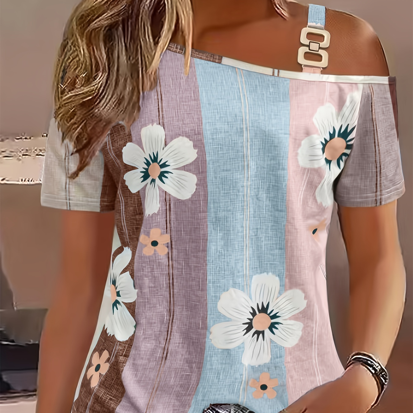 

Floral Print Chain Strap T-shirt, Casual Asymmetrical Neck Cold Shoulder Short Sleeve Top For Spring & Summer, Women's Clothing