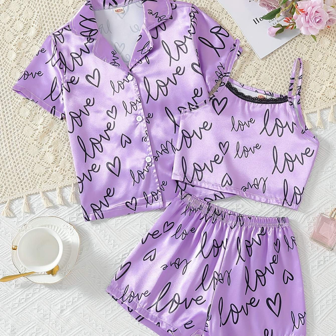 

3pcs Toddler Girl's Love Print Satin Pajama Set, Comfy Short Sleeve Button Up Lapel Shirt & Lace Trim Camisole & Shorts Set, Loungewear For Summer