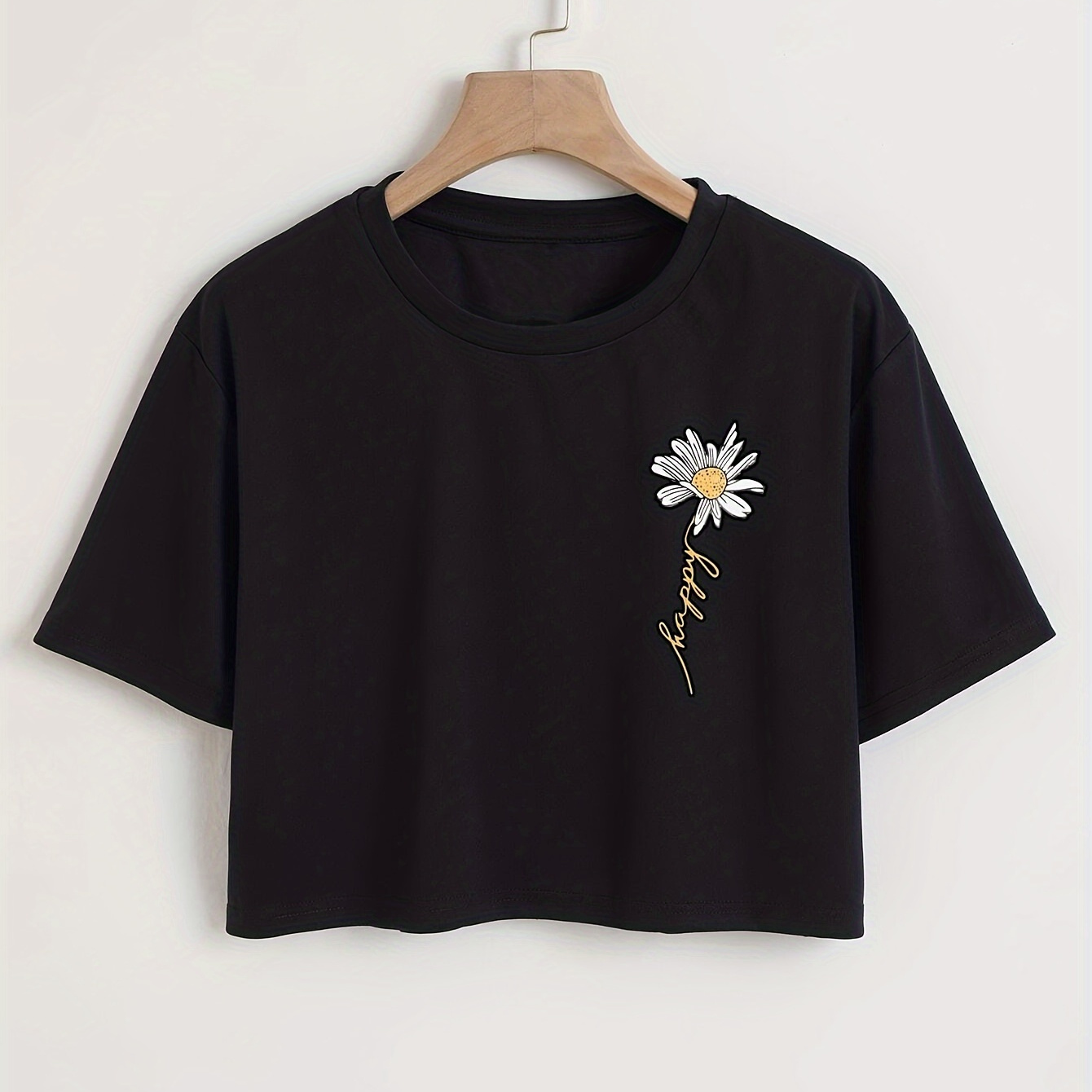 

Floral Print Crew Neck T-shirt, Short Sleeve Casual Crop Top For Spring & Summer, Women's Clothing