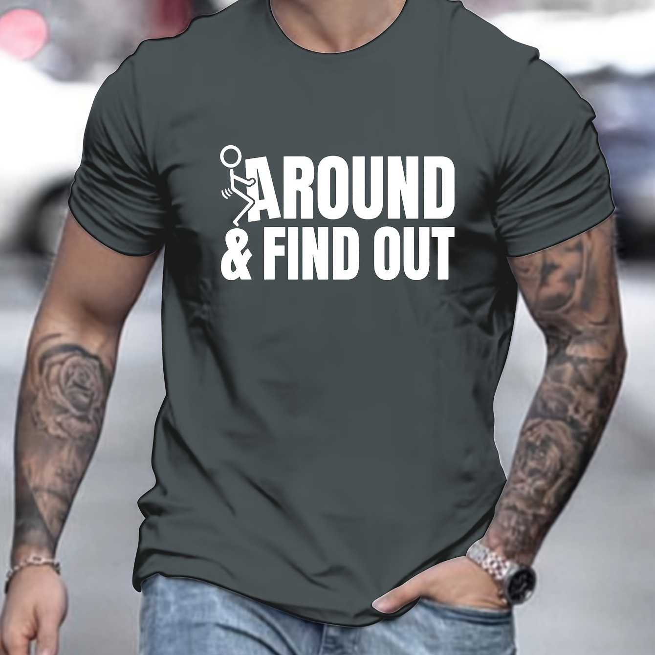 

Around And Found Out Print, Men's Round Crew Neck Short Sleeve, Simple Style Tee Fashion Regular Fit T-shirt, Casual Comfy Top For Spring Summer Holiday Leisure Vacation Men's Clothing As Gift