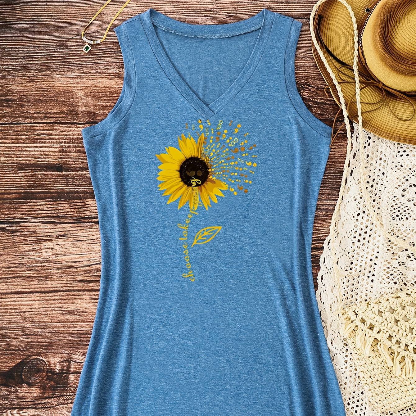 

Sunflower Print V-neck Tank Dress, Casual Sleeveless Dress For Spring & Summer, Women's Clothing