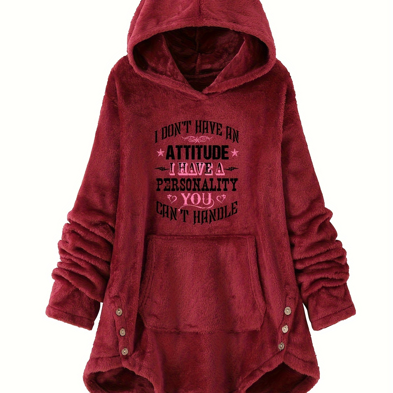 

Attitude Letter Print, Ladies Flannel Pajama Top, Home Wear Comfortable Casual Pajamas, Long-sleeved Hooded Women's Clothing