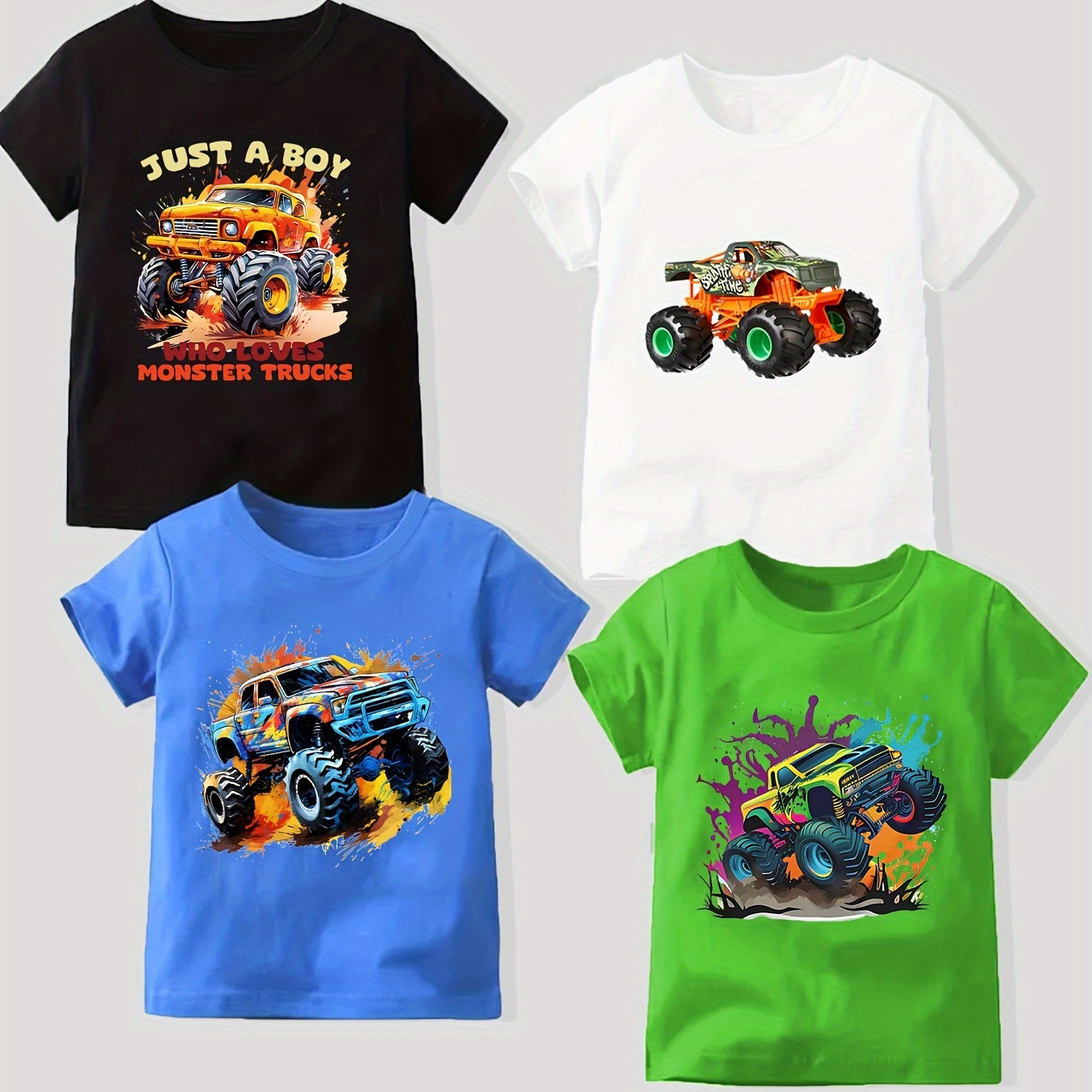 

4pcs Off-road Truck Print Boys Creative Short Sleeve T-shirt, Casual Lightweight Comfy Tops, Kids Clothes Outdoor