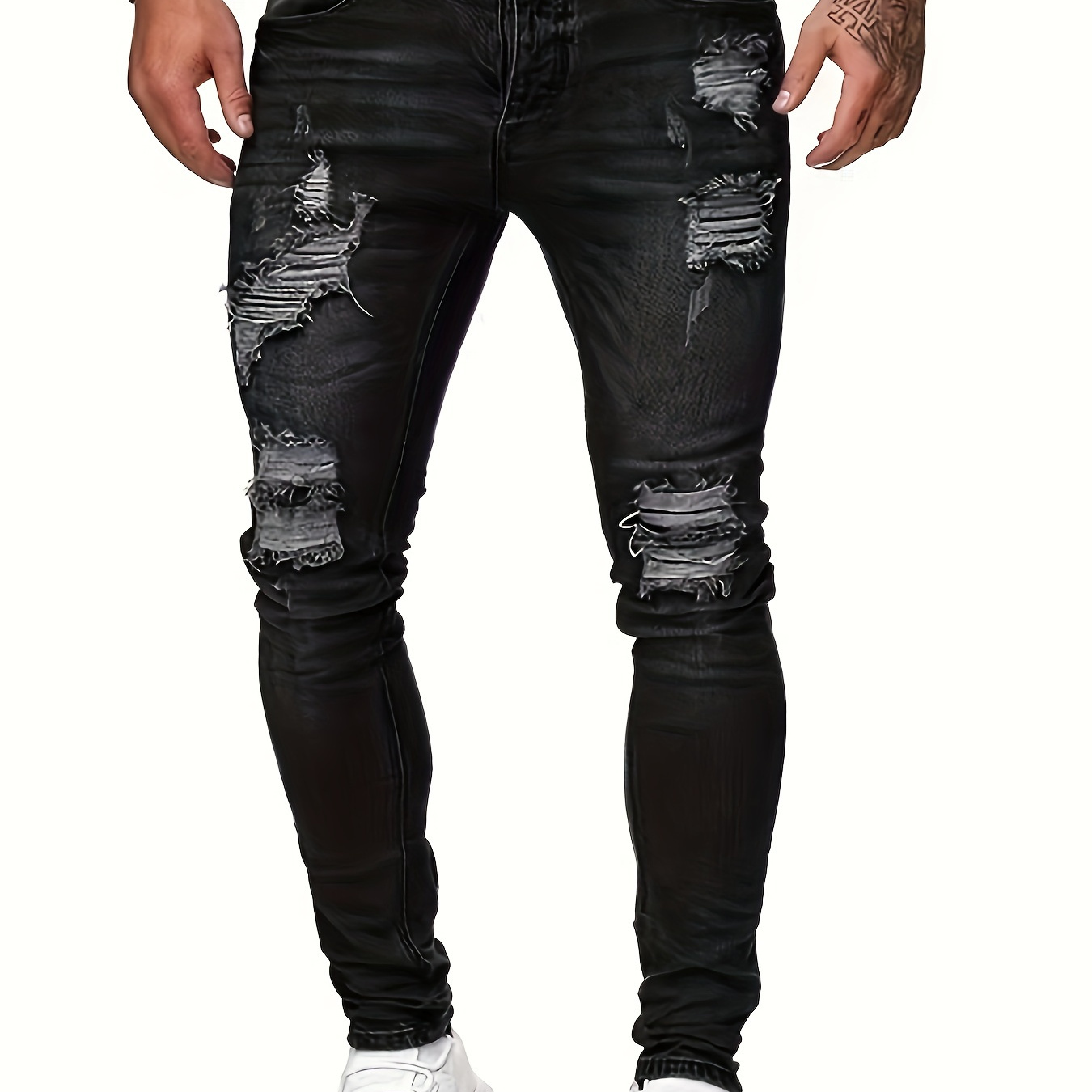 

Men's Casual Ripped Skinny Jeans, Chic Street Style Stretch Denim Pants