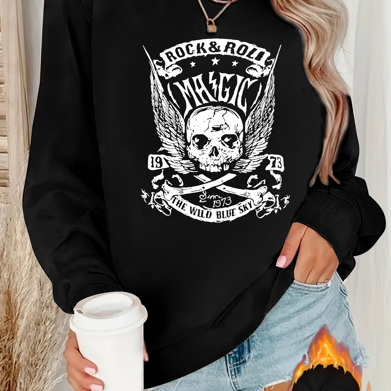 

Fleece-lined Skull Sweatshirt For - , Long Pullover For Fall &