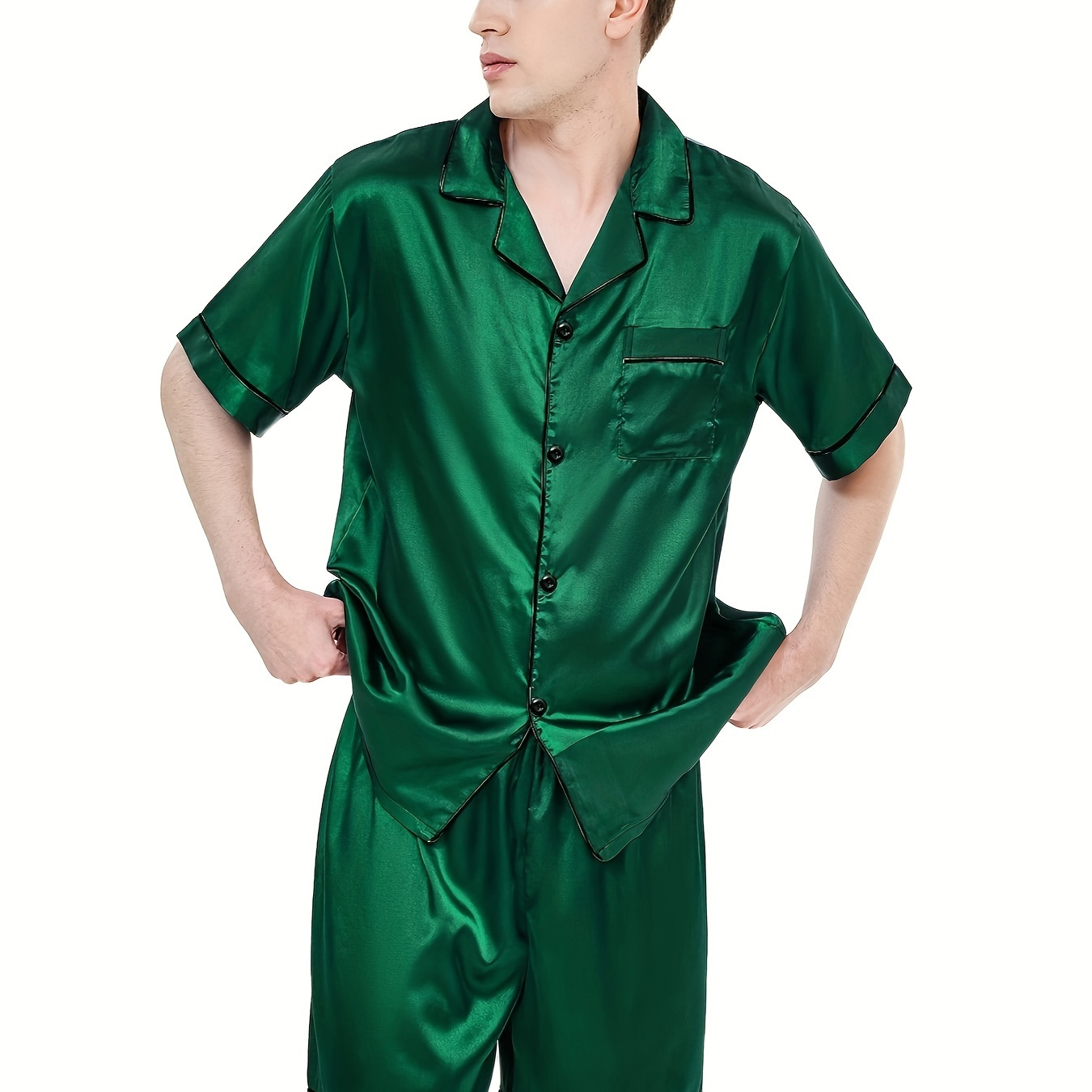 

2pcs/set Men's Ice Silk Pajamas Set For Summer, Green Short Sleeve Button Down Shirt Top & Shorts, Thin Simulation Silk Cool Feeling Simple Casual Loungewear Set