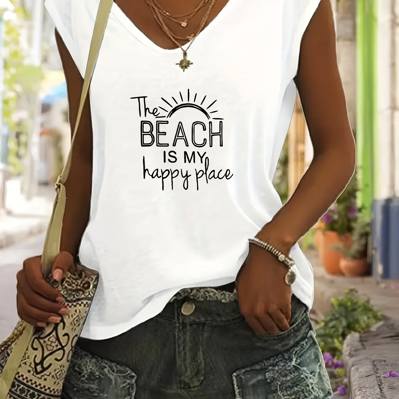 

Beach Letter Print Tank Top, Casual V Neck Sleeveless Top For Spring & Summer, Women's Clothing