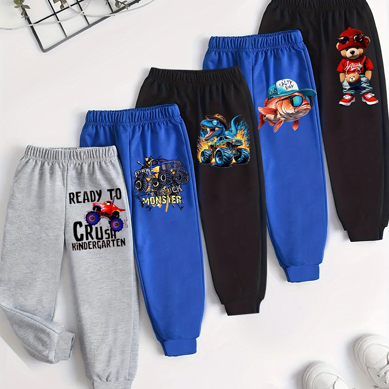 

Stylish Monster Trucks, Cool Fish And Fashion Bear Graphic Print, Boy's 5pcs Casual Comfy Cuffed Sweatpants, Ideal For Daily, Outdoor And Sports Wear, Autumn And Winter Pants