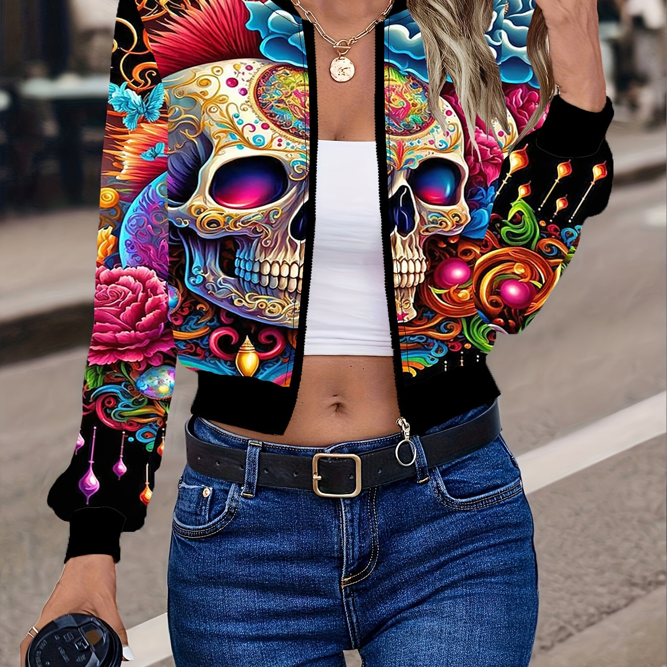 

Skull Print Zip-up Crop Jacket, Casual Long Sleeve Jacket For Spring & Fall, Women's Clothing