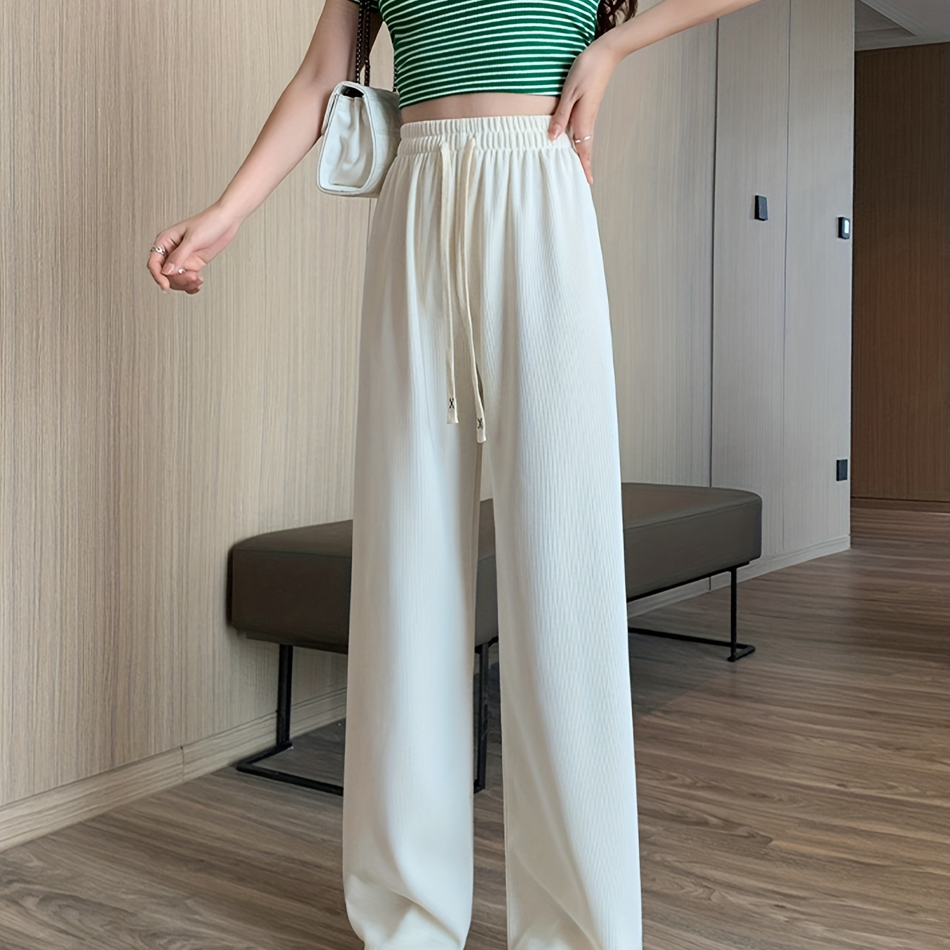 Solid Drawstring Elastic Waist Pants, Casual Loose Pants For Spring & Fall,  Women's Clothing