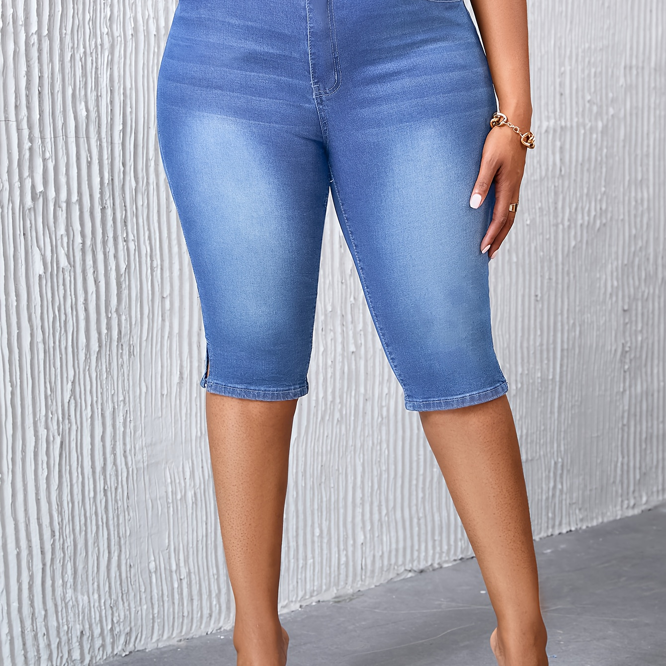 

Pantalon en jean bleu clair délavé, longueur genou, extensible et tendance pour femme, grande taille