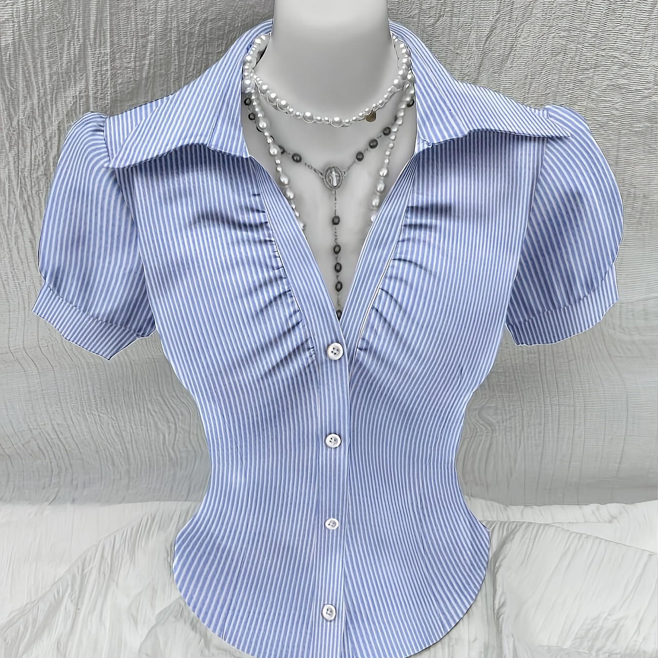 

An Elegant Women's Casual V-neck Striped Polyester Shirt, 100% Polyester Fabric, A Summer Adult Button-.