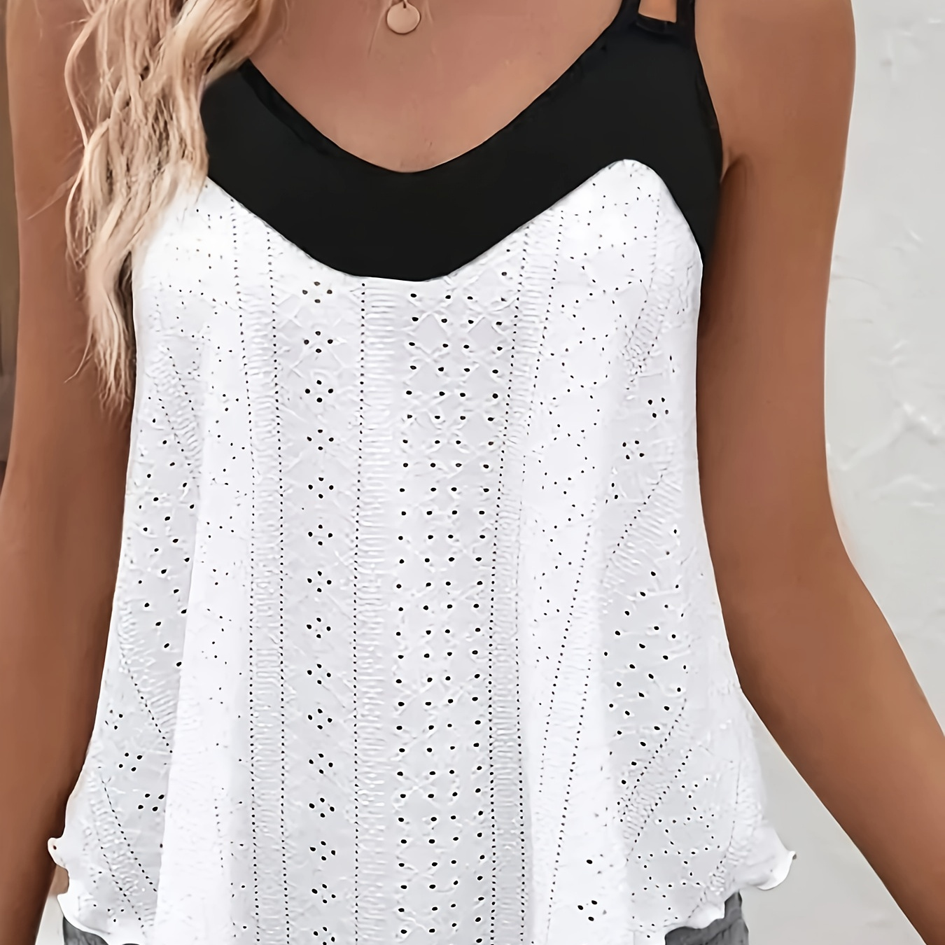 

Color Block Eyelet Double Strap Top, Casual Sleeveless Lettuce Trim Cami Top For Summer, Women's Clothing