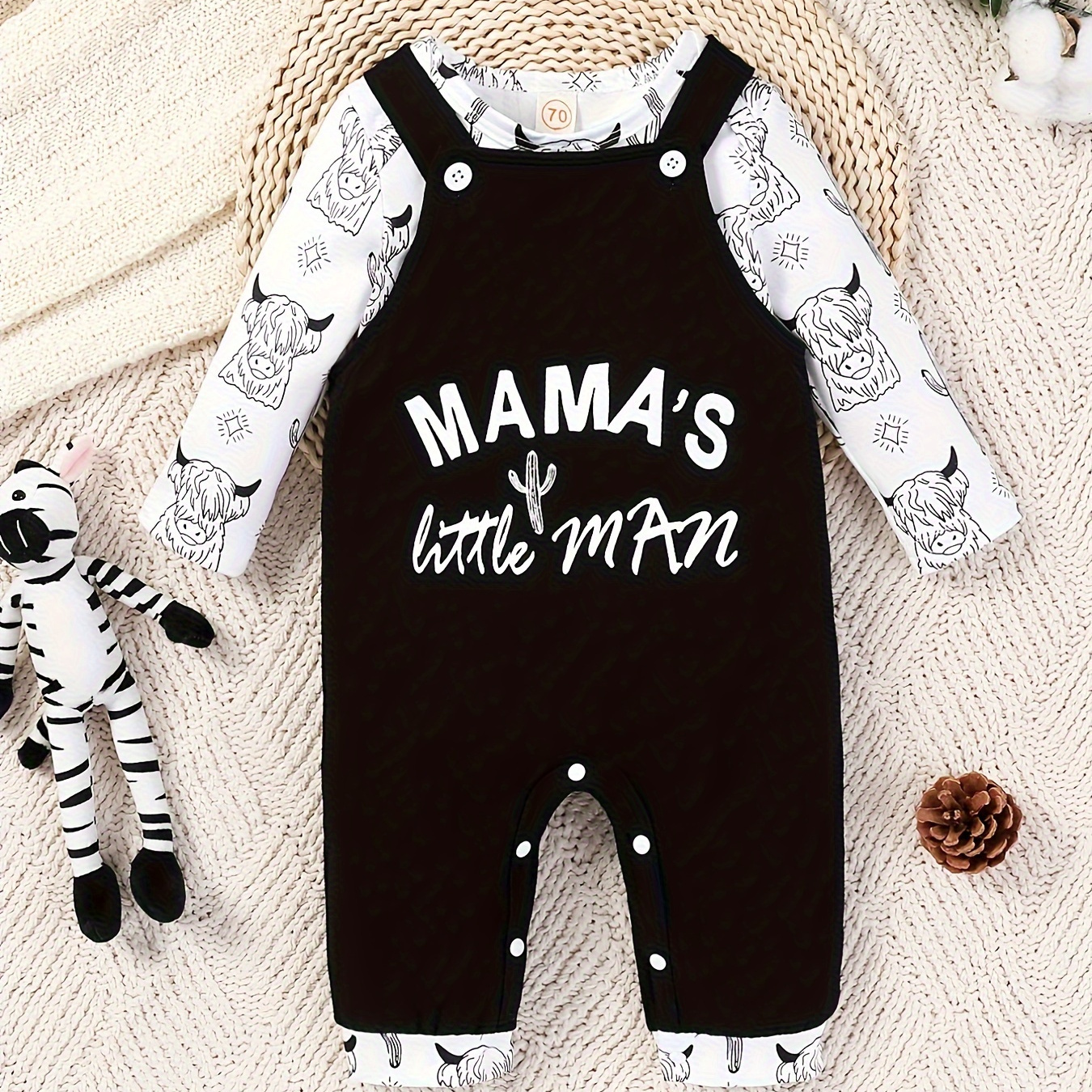 

3 Pieces Of Autumn Style Baby Boy's Cow Head Printed Long Sleeved Sweater+shoulder Strap Pants With Letter Print Set