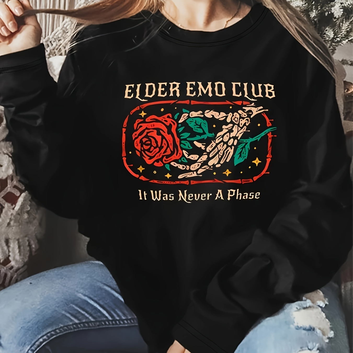 

Plus Size Elder Emo Club Graphic Tee - 100% Polyester Casual Crew Neck Long Sleeve T-shirt With Rose Skeleton Print, Medium Stretch Knit Fabric For All Seasons