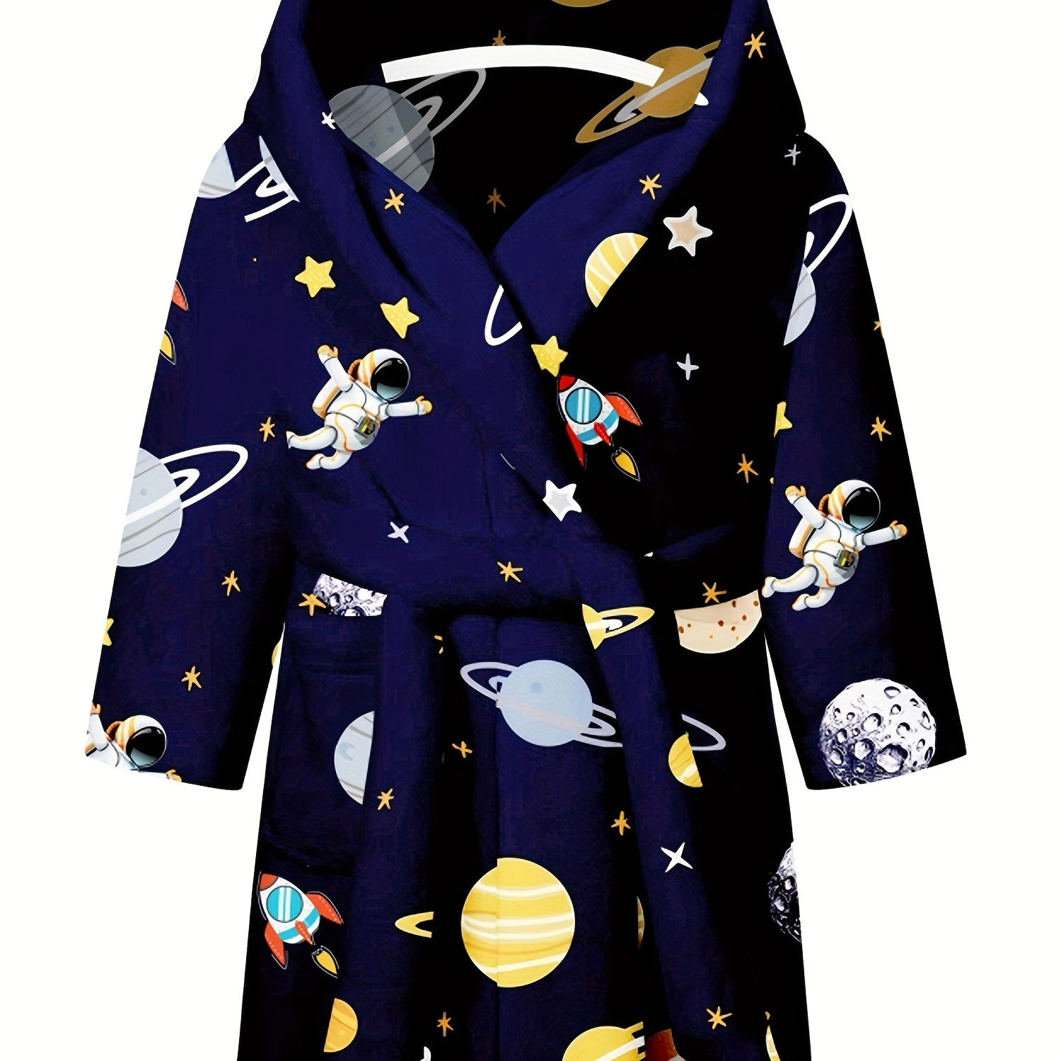 

Boys Hooded Bathrobe, Cartoon Astronaut Rocket Print Children Warm Flannel Nightgown With Belt
