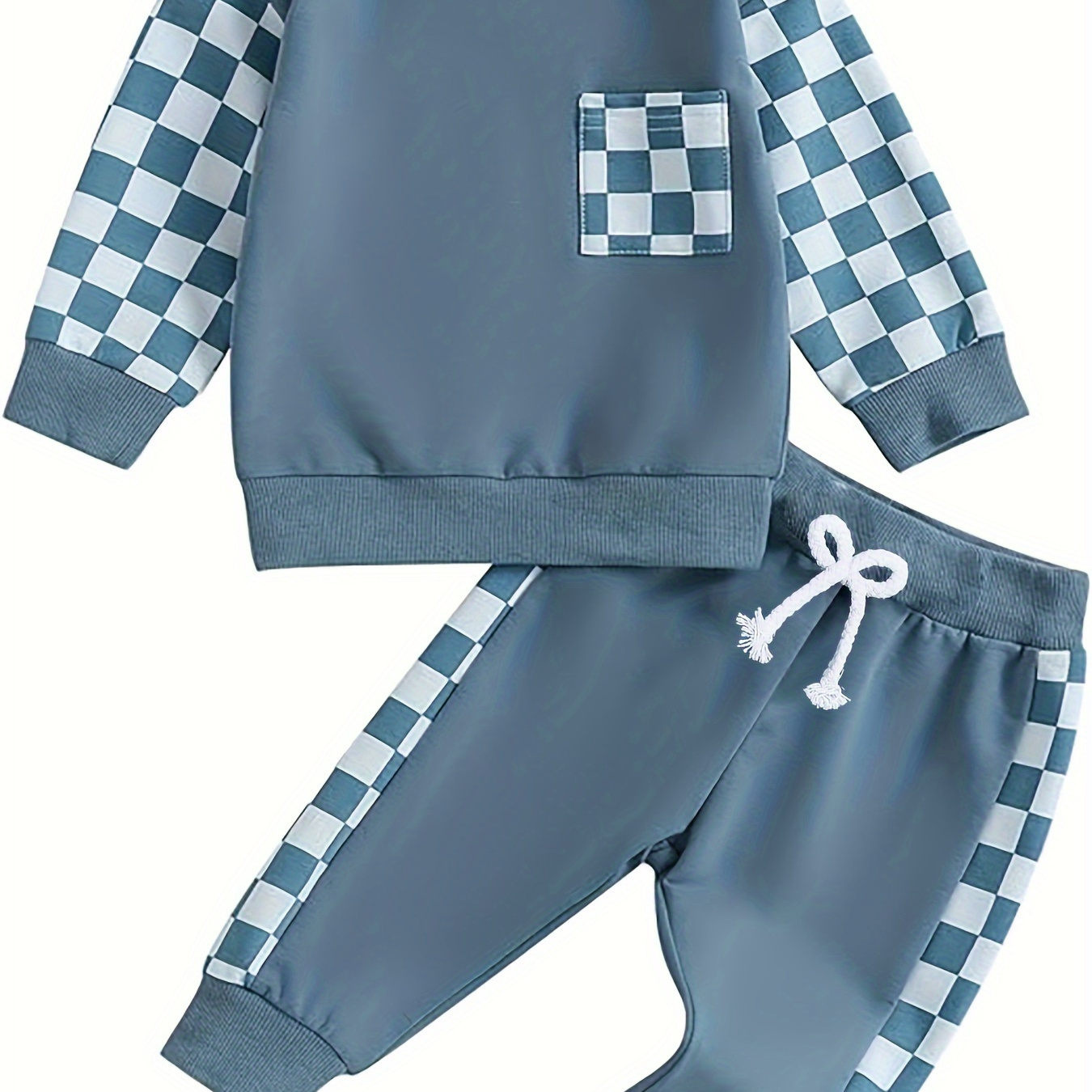 

2pcs Baby Boy's Checkerboard Pattern Crew Neck Outfit, Trendy Sweatshirt & Pants Set, Baby's Clothing For Fall Winter, As Gift