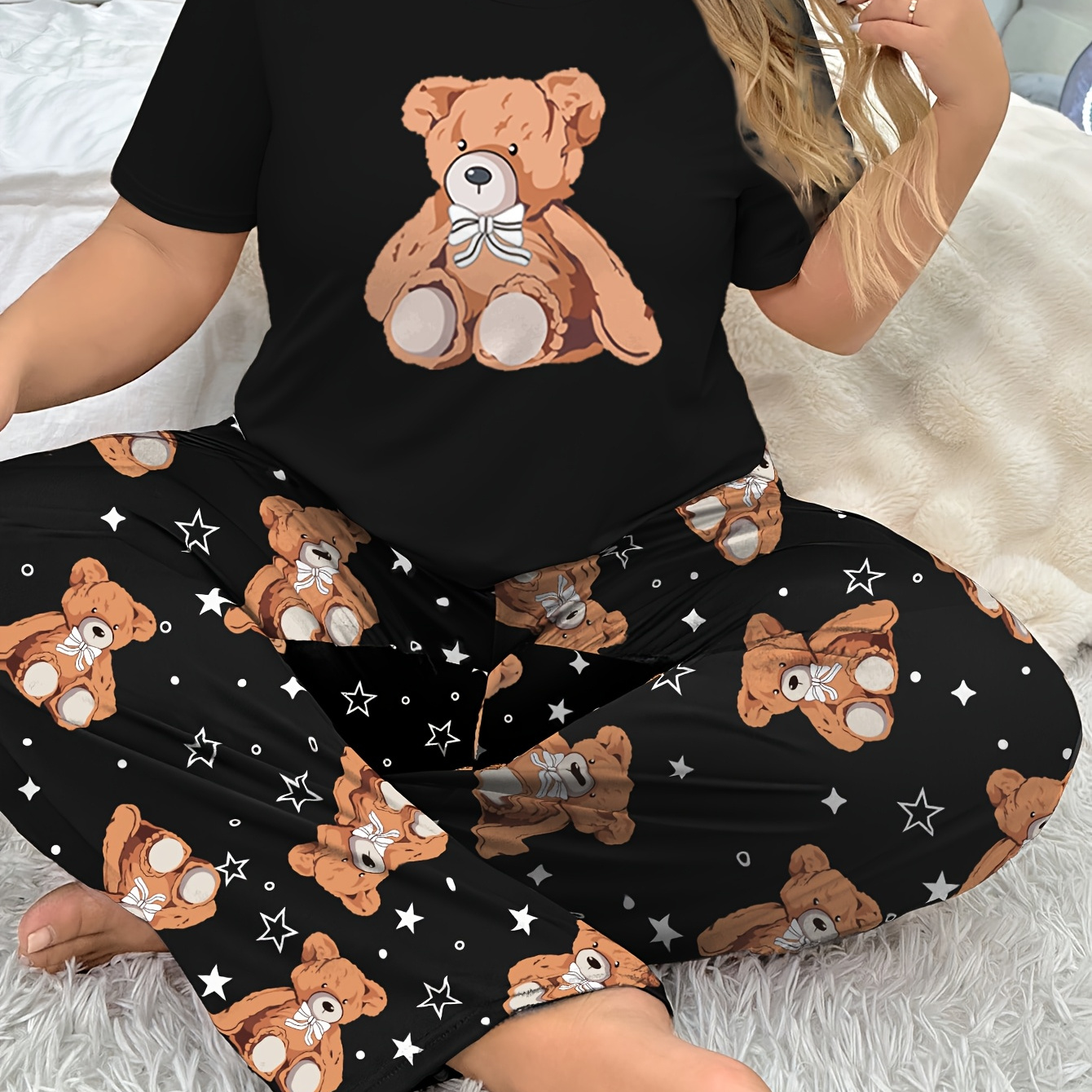 

Women's Plus Size Pajama Set, Casual Crew Neck Short Sleeve Top With , 95% Polyester 5% Elastane, Stretch Knit Fabric, Cartoon Patterned Long Pants, 140gsm - Comfortable Sleepwear