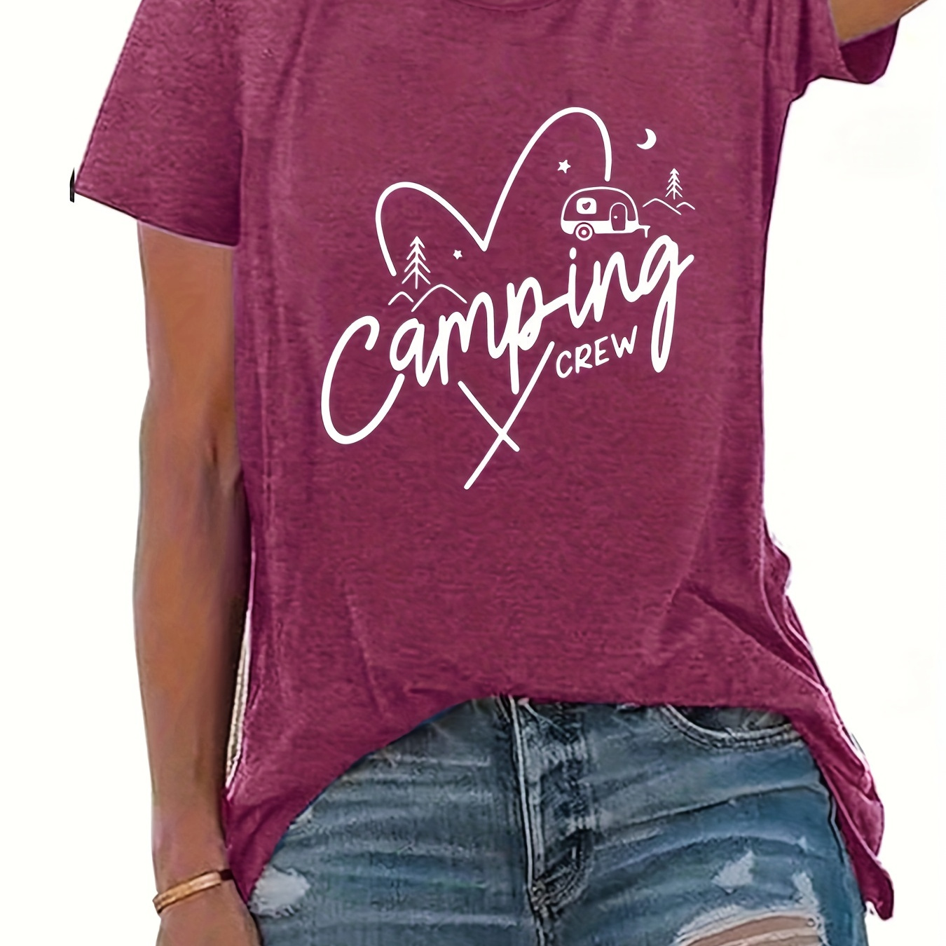 

Camping Crew Print T-shirt, Short Sleeve Crew Neck Casual Top For Summer & Spring, Women's Clothing