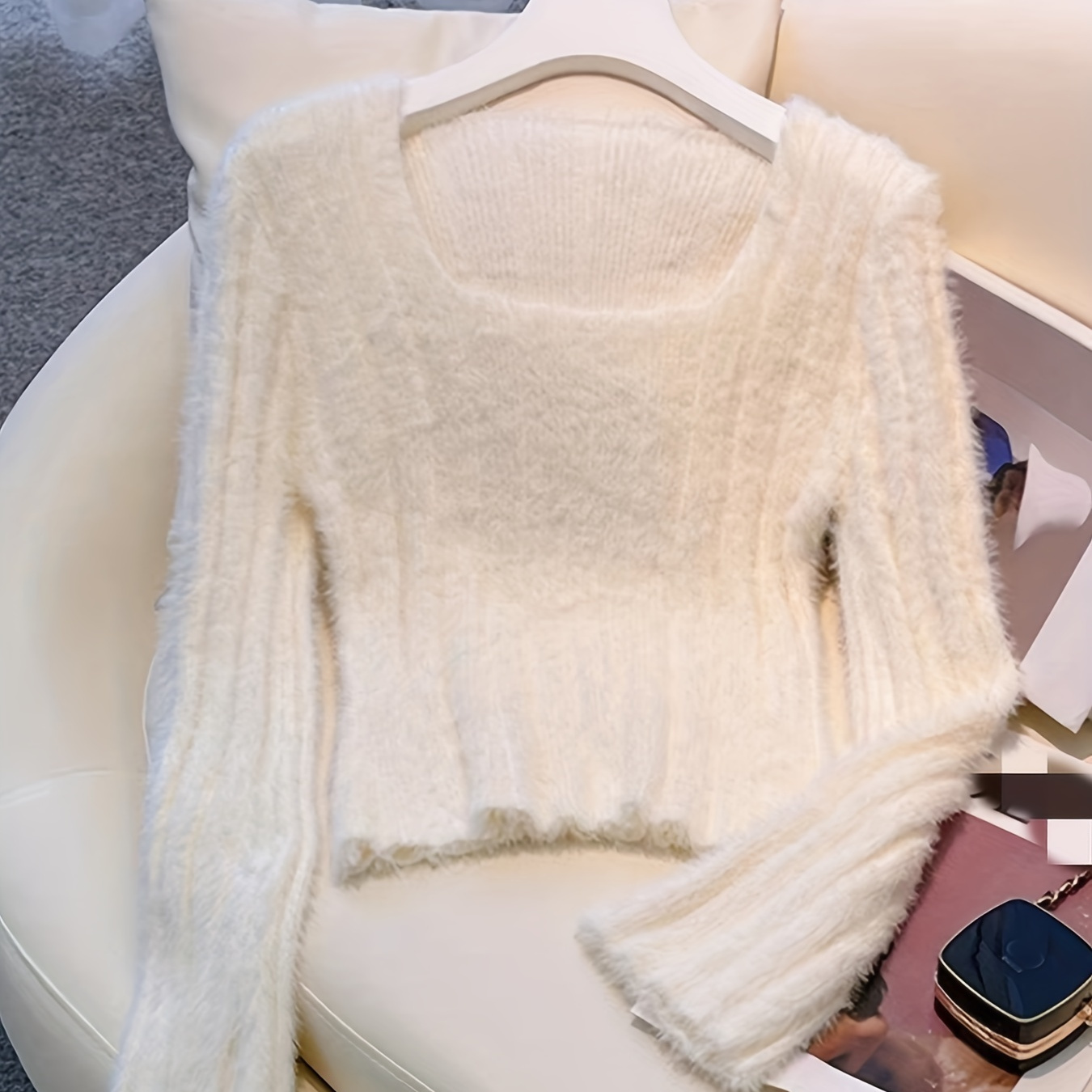 

Solid Square Neck Pullover Sweater, Casual Long Sleeve Sweater, Women's Clothing