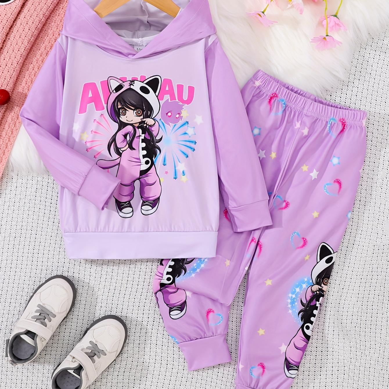 

Girls 2pcs, Anime Art Toy Print Long Sleeve Hoodie Top + Matching Jogger Pants Casual Set, Cute Girls Spring Fall Clothes