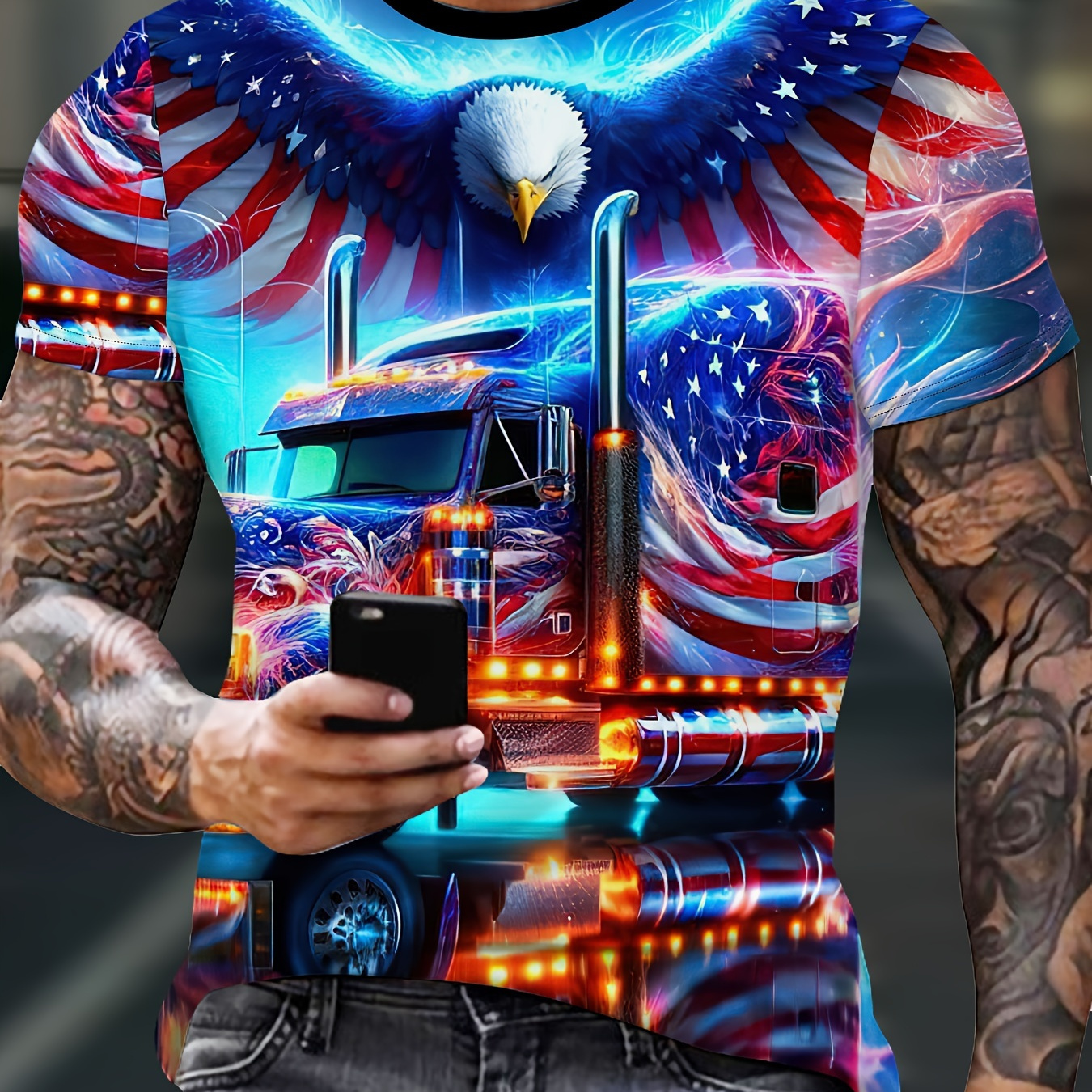 

Men's Patriotic Eagle And Truck Print T-shirt, American Independence Day Vibrant Colors Short Sleeve Fashion Casual Top, Outdoor And