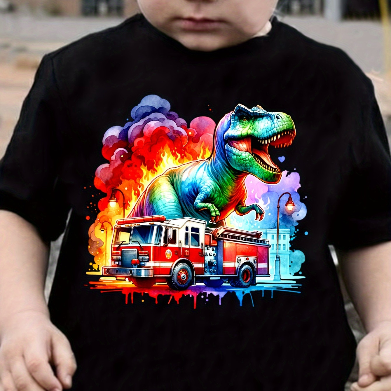 

Boy's Casual T-shirt, Colorful Dino And Firetruck Print Short Sleeve Crew Neck Comfortable Summer Top