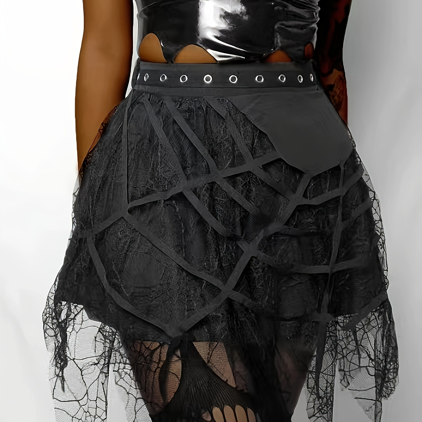 

Women's Polyester Asymmetrical Mini Skirt With Argyle Pattern And Contrast Mesh Detail - Asian Style Solid Color With Elastane, All Season Regular Fit Spider Web Lace Hem Skirt