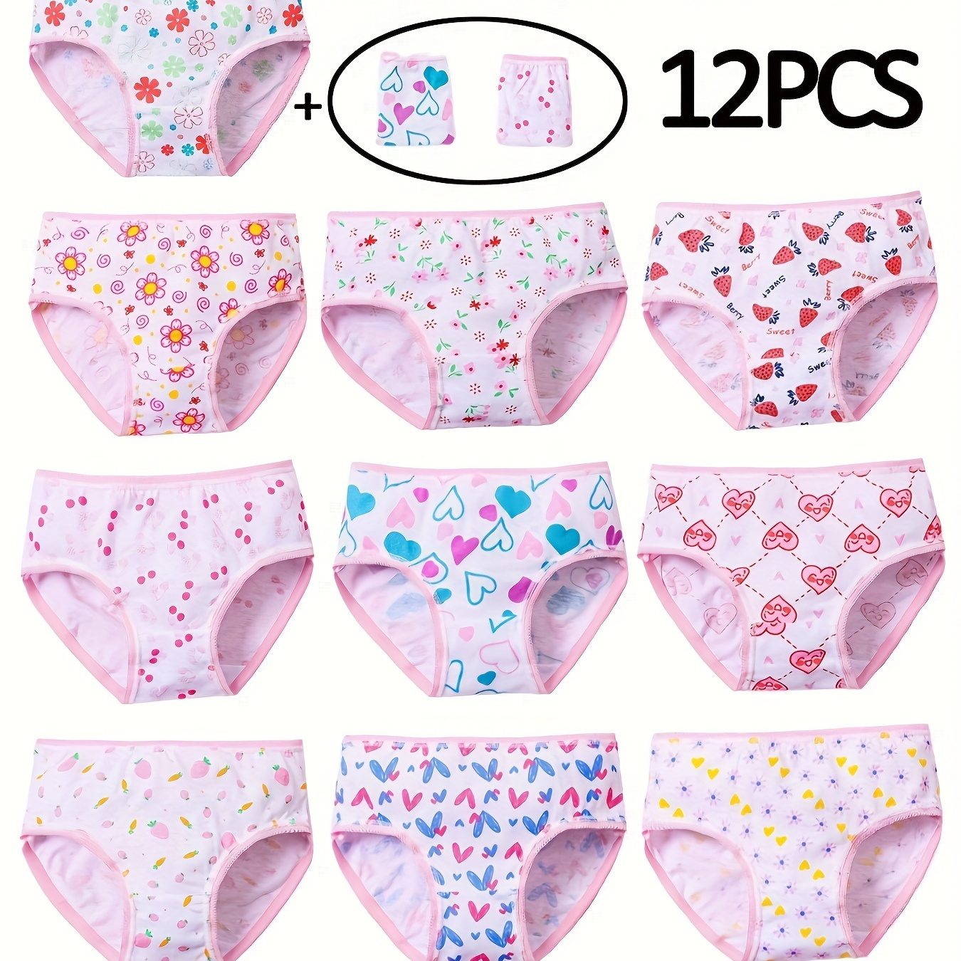 

12 Pcs Girl's Cute Flower & Heart Print Briefs, Soft & Comfy Cotton Underwear Set, For All Season Wearing