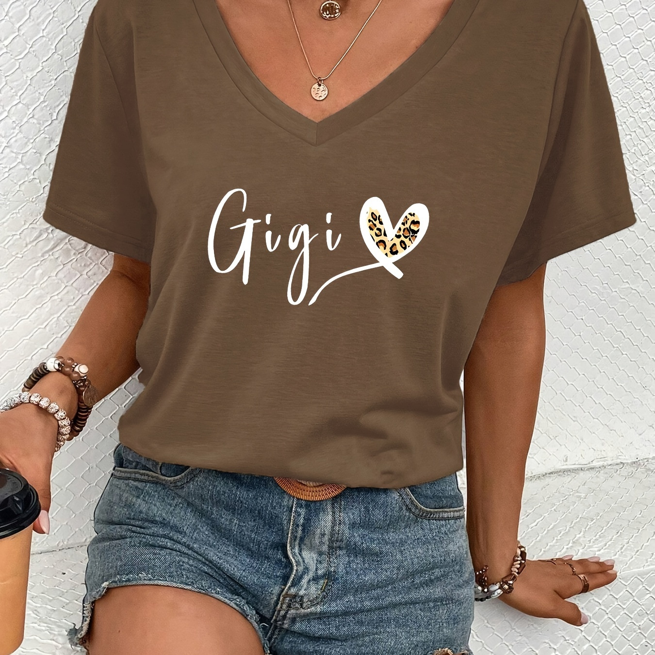 

Heart & Gigi Letter Print Casual T-shirt, Short Sleeves V Neck Stretchy Fashion Sports Tee, Valentine's Day Women's Tops