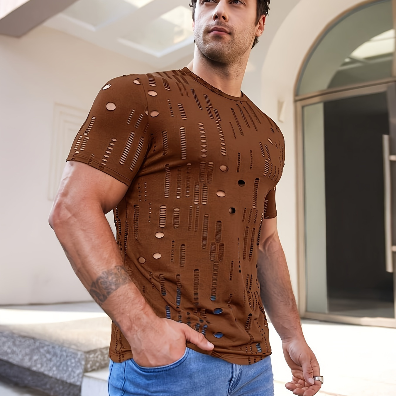 

Solid Color Crew Neck And Short Sleeve T-shirt With Hollow Pieces, Stylish And Chic Tops For Men's Summer Daily And Party Wear