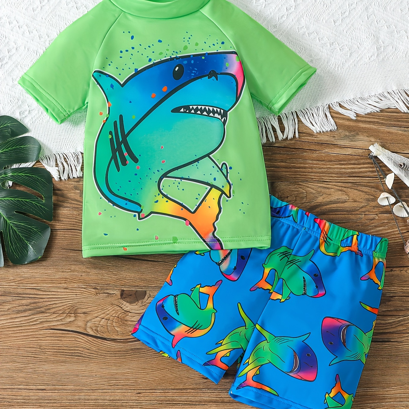 

2pcs Cartoon Shark Pattern Swimsuit For Boys, T-shirt & Swim Trunks Set, Stretchy Surfing Suit, Boys Swimwear For Summer Beach Vacation