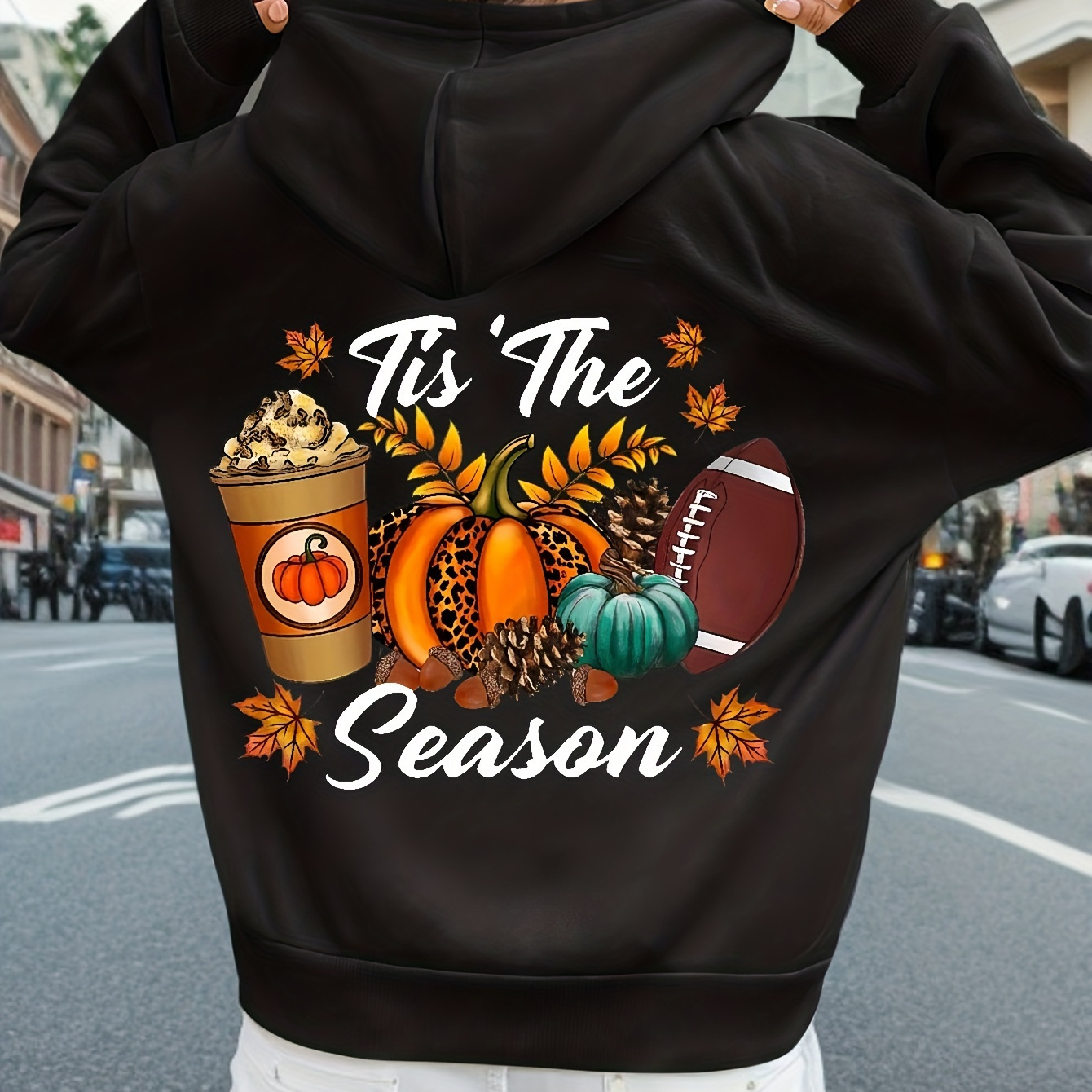 

Plus Size Halloween Casual Sweatshirt, Women's Plus Witch And Pumpkin And Cat Print Long Sleeve Drawstring Hoodie