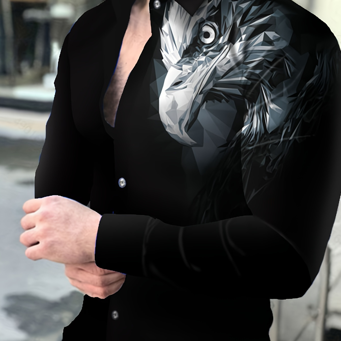 

Geometric Eagle Head Print Men's Trendy Long Sleeve Button Up Shirt, Spring Fall, Gift For Men