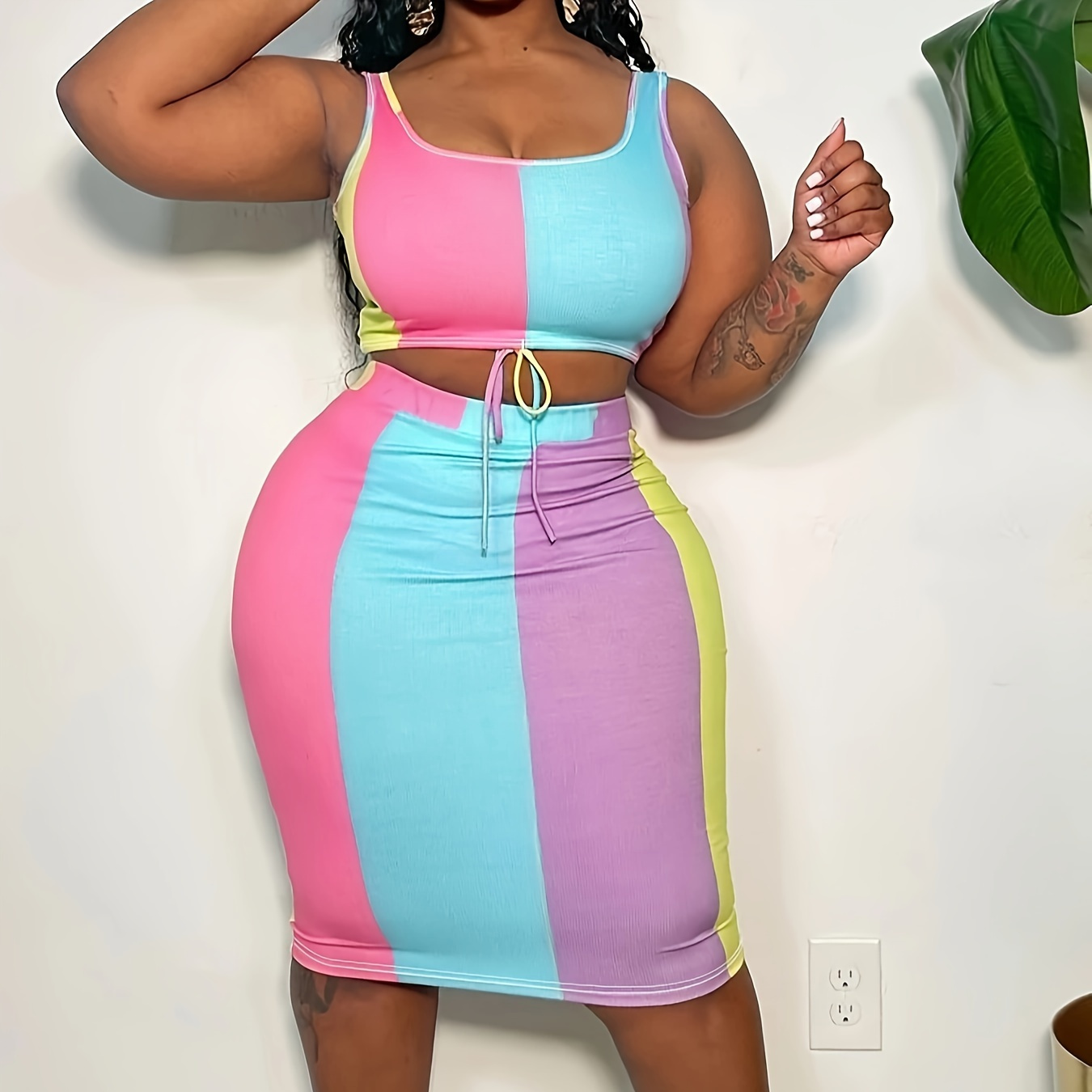 

Plus Size Colorblock Striped Print Two-piece Set, Crew Neck Tank Top & Bodycon Skirt Outfits, Women's Plus Size clothing