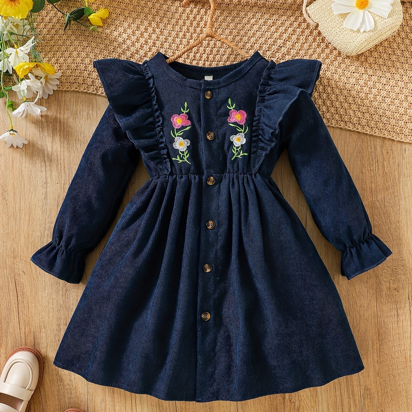 

Flowers Embroidered Corduroy Long-sleeve Dress For Girls, Spring & Fall Everyday Sweet Casual Dresses, Party, Gift