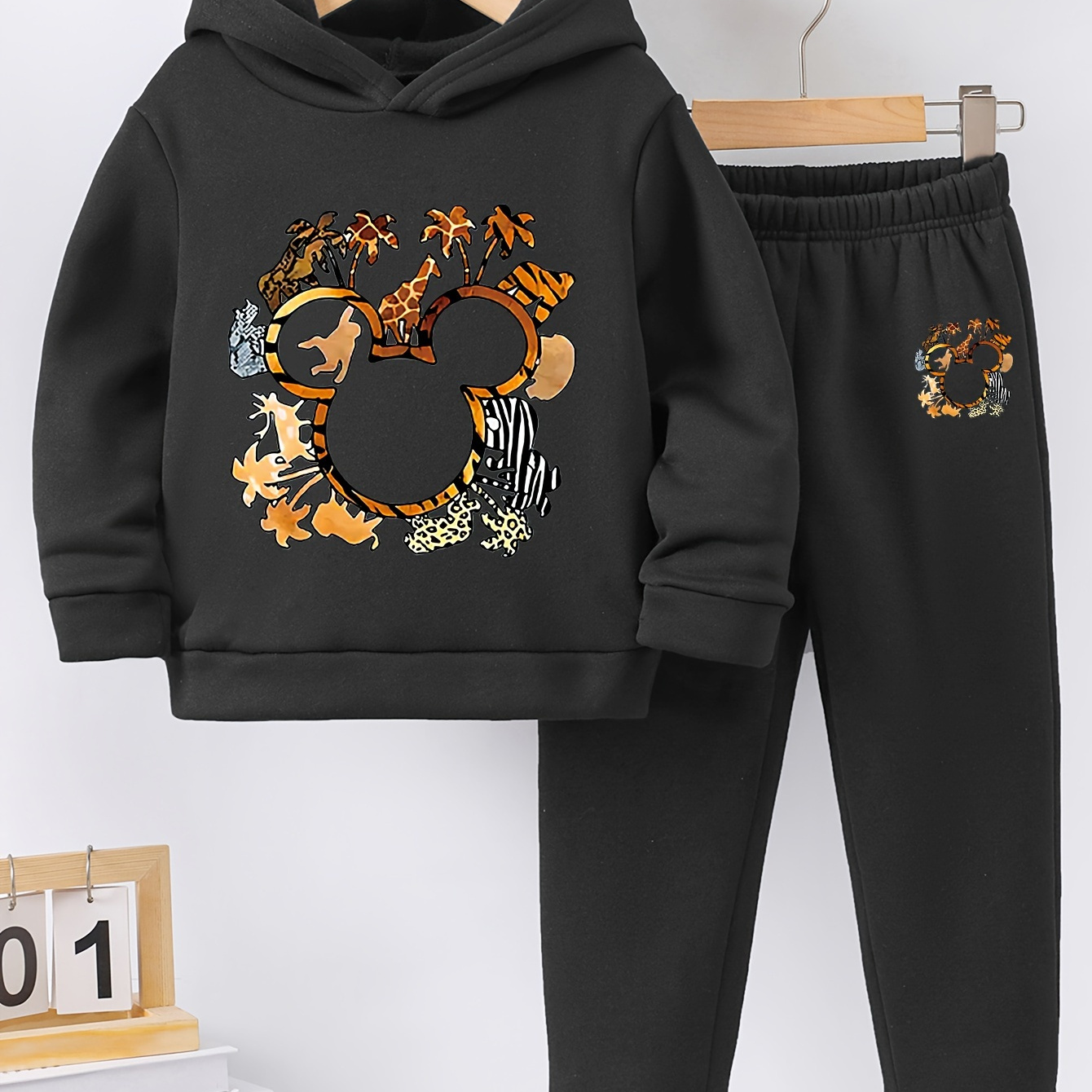 

Creative Animals Print Girl's Two-piece Set, Warm Fleece Hooded Sweatshirt & Sports Trousers, Casual Comfortable Versatile Outfits For Autumn And Winter