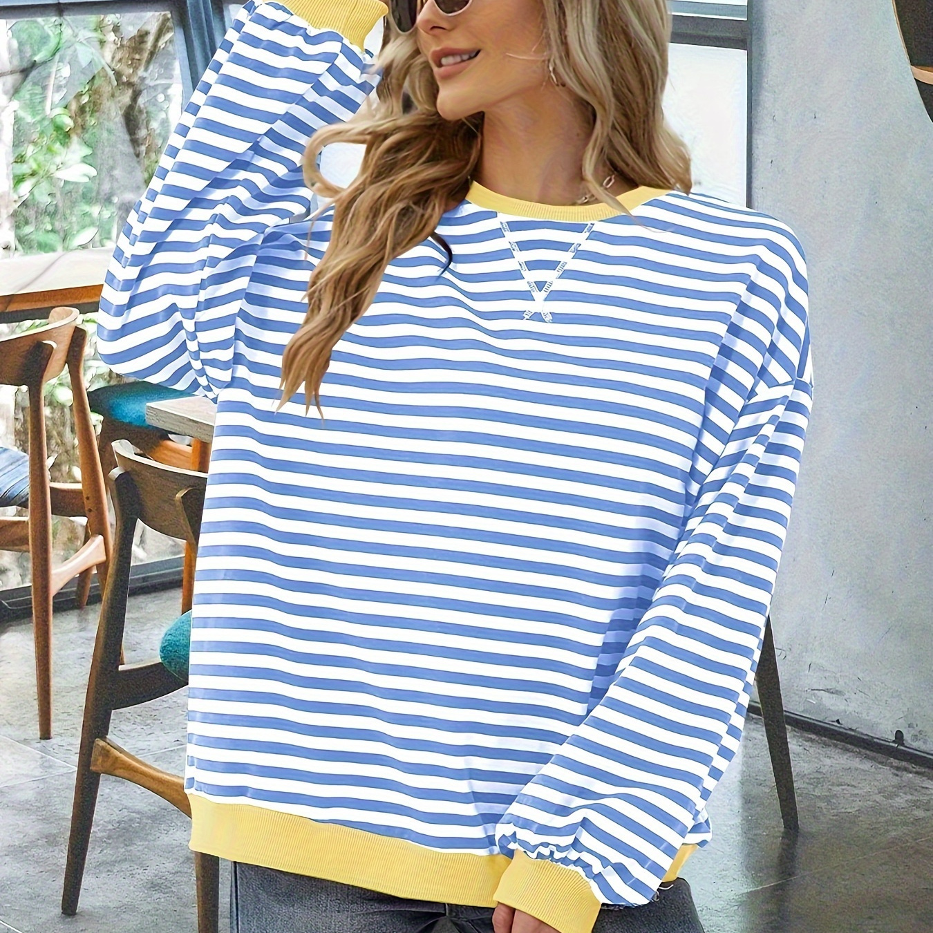 

1pc Women Striped Oversized Sweatshirt Crew Neck Long Sleeve Shirt Casual Pullover Top For All , Spring Trip Or , , Dinner, Valentine'sday, Thanksgiving Day, Day