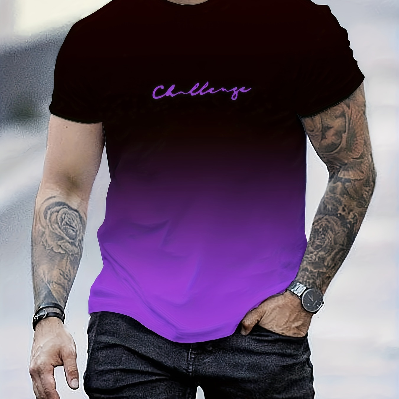 

Challenge Print Men's Fashion Gradient Short Sleeve Crew Neck T-shirt, Summer Outdoor