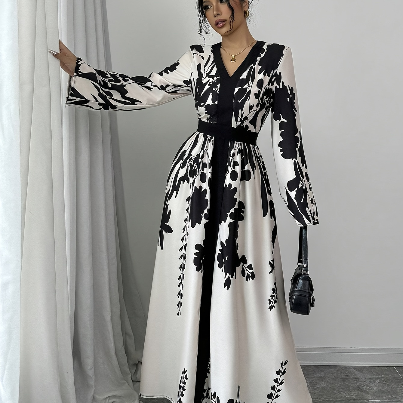 

Print A-line Maxi Dress - Long Sleeve, Lightweight Polyester , , Hand Washable, Spring Fashion Dress|sophisticated Style|polyester Dress