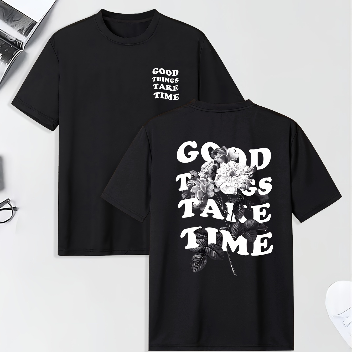 

Men's Good Things Take Time Print Short Sleeve T-shirts, Comfy Casual Elastic Crew Neck Tops For Men's Outdoor Activities